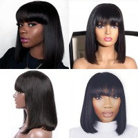 Straight Short Lace Front Human Hair Bob Wigs With Bangs