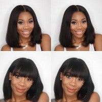 Straight Short Lace Front Human Hair Bob Wigs With Bangs